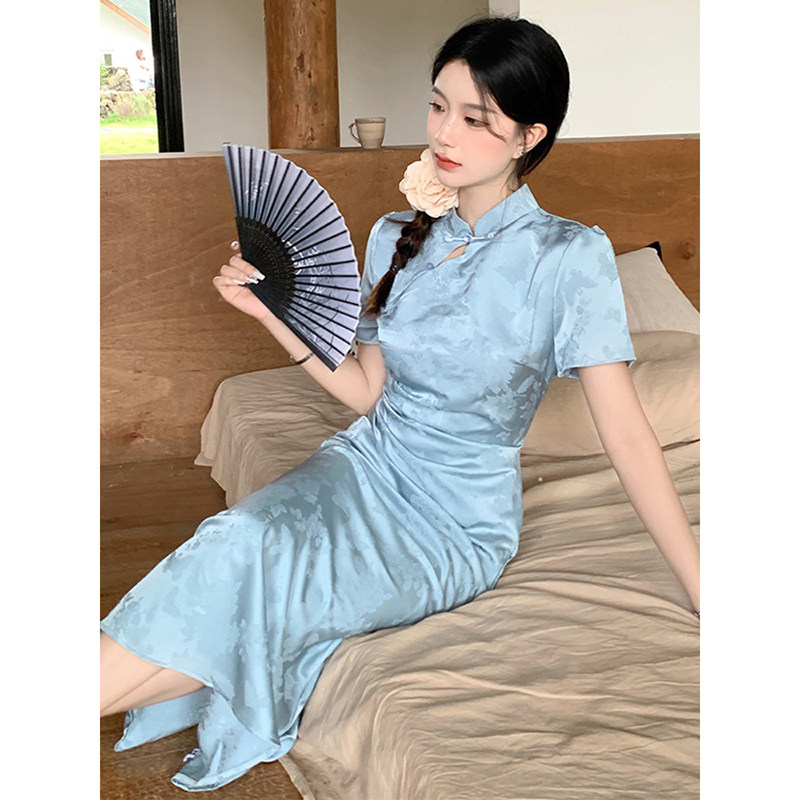 新中式国风日常素雅旗袍年轻款少女气质百搭提花改良连衣裙子夏季
