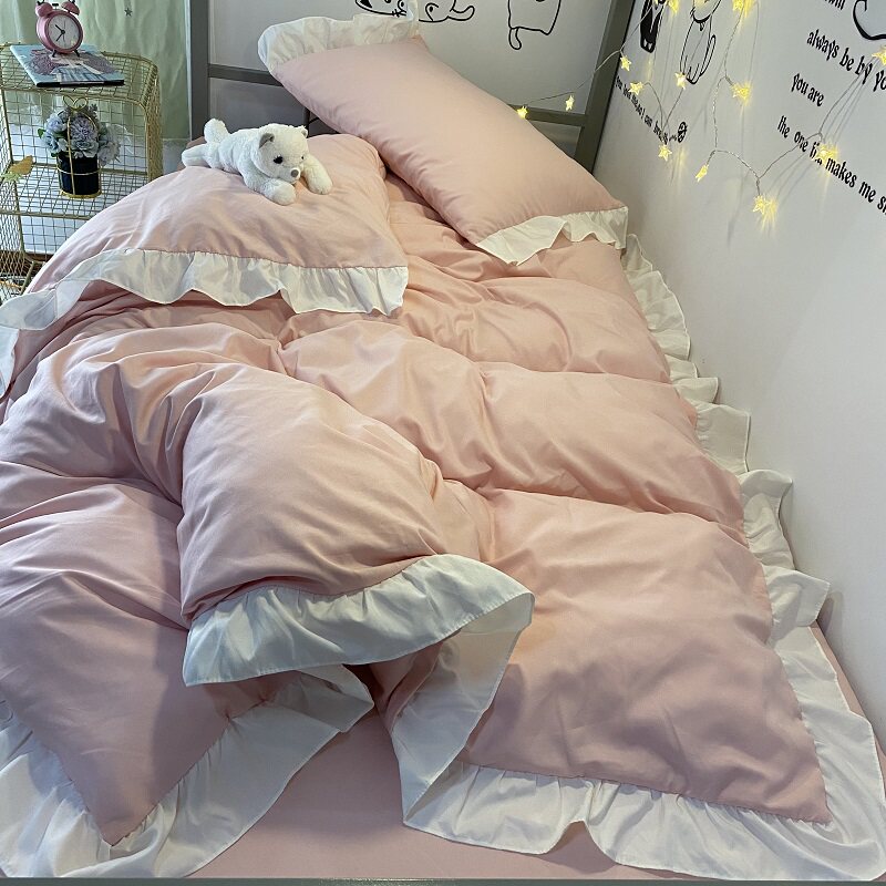 少女心粉色四件套公主风水洗棉荷叶花边被套床裙学生宿舍三件套夏
