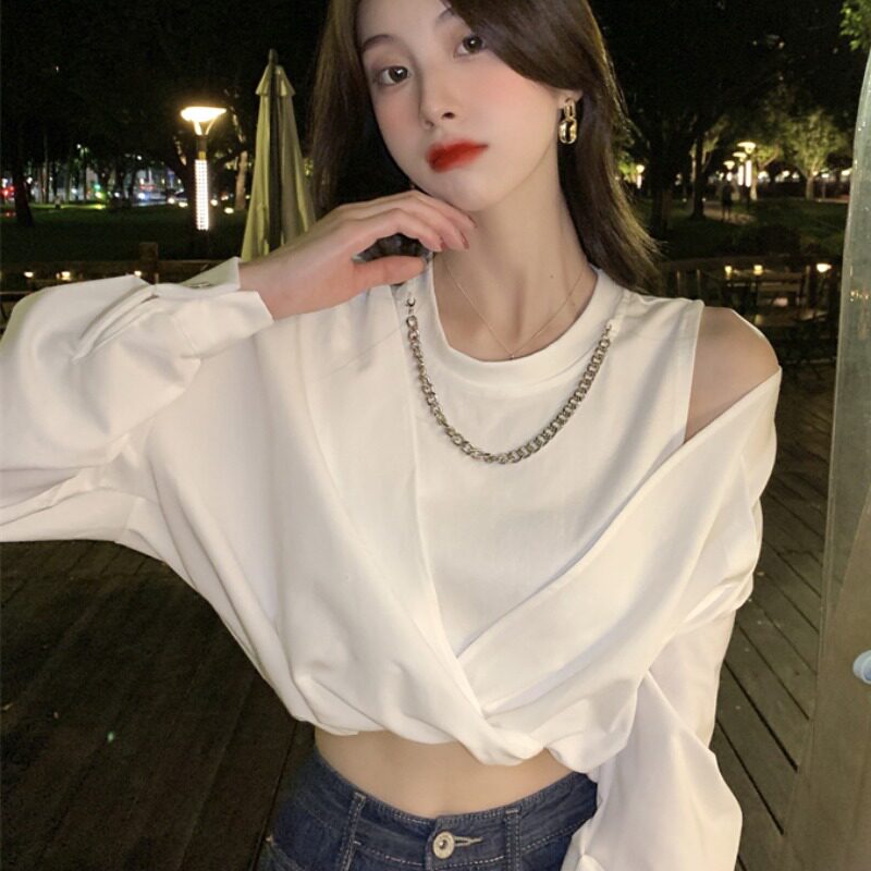 气质小衫两件套早秋辣妹上衣女别致设计感白色高腰短款假两件内搭