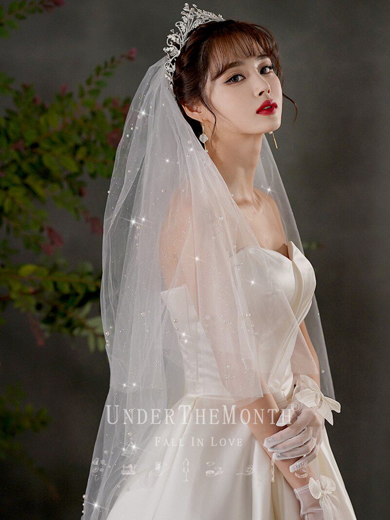 头纱女头饰网红拍照道具新娘结婚主婚纱领证登记白色闪闪珍珠头纱
