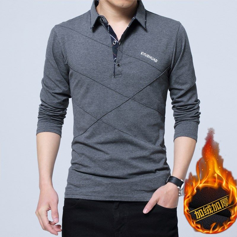加绒长袖t恤男装翻领纯棉胖人内穿保暖深灰色商务成熟加大码上衣