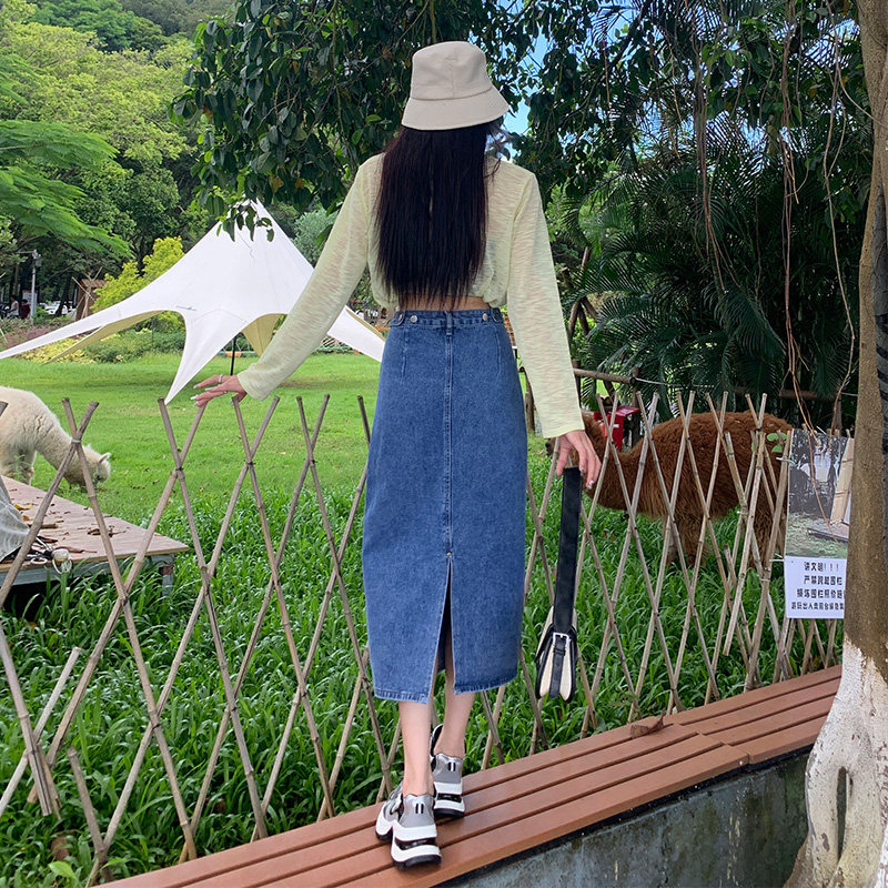 复古蓝牛仔半身裙女2024早秋新款高腰修身后开叉小个子直筒a字裙