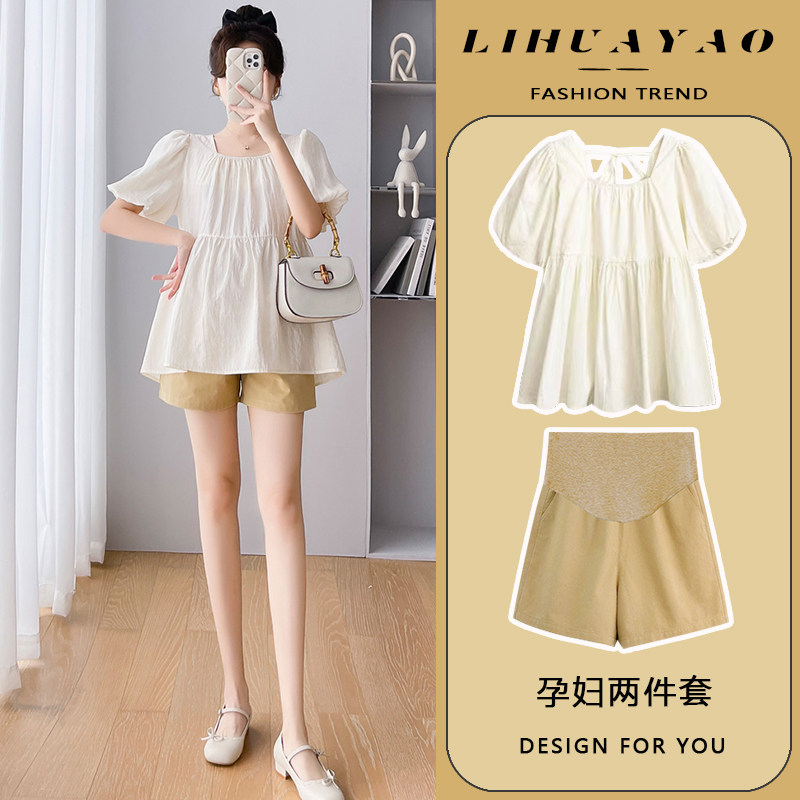 孕妇套装时尚洋气时髦夏辣妈小个子短袖泡泡袖方领上衣短裤两件套