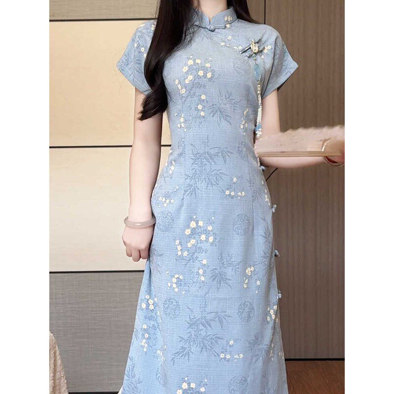 2025年春季新款复古棉麻蓝色改良旗袍短袖年轻少女新中式日常可穿