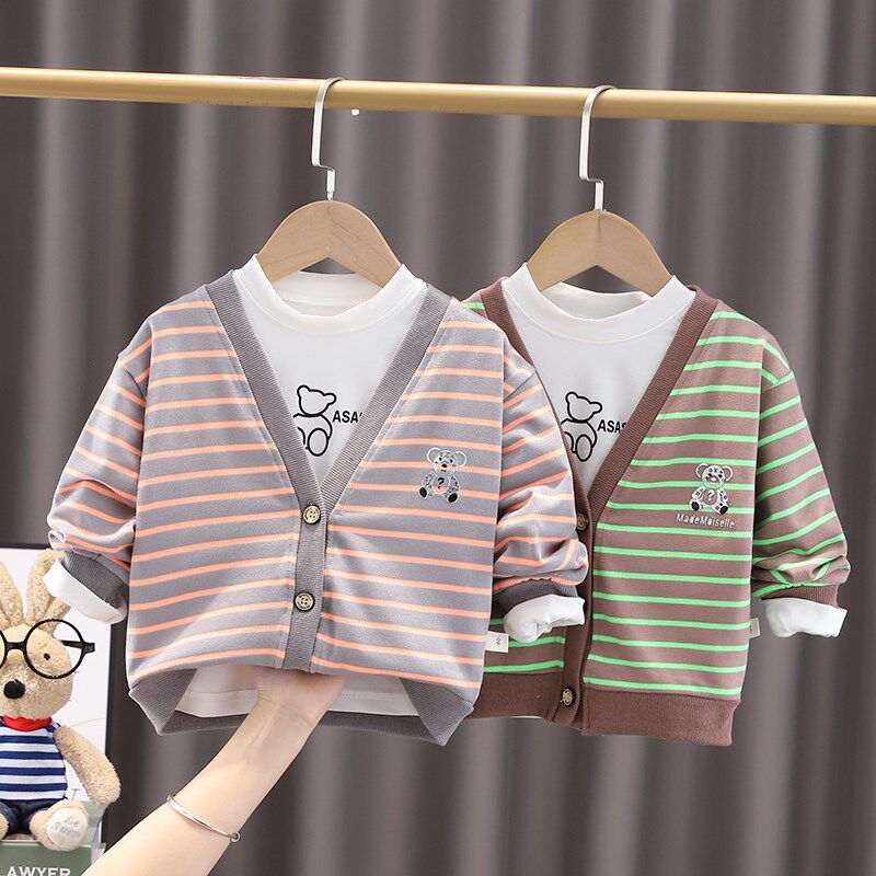 男童外套小童V领两件套宝宝春秋装条纹开衫婴儿薄款春季纯棉上衣