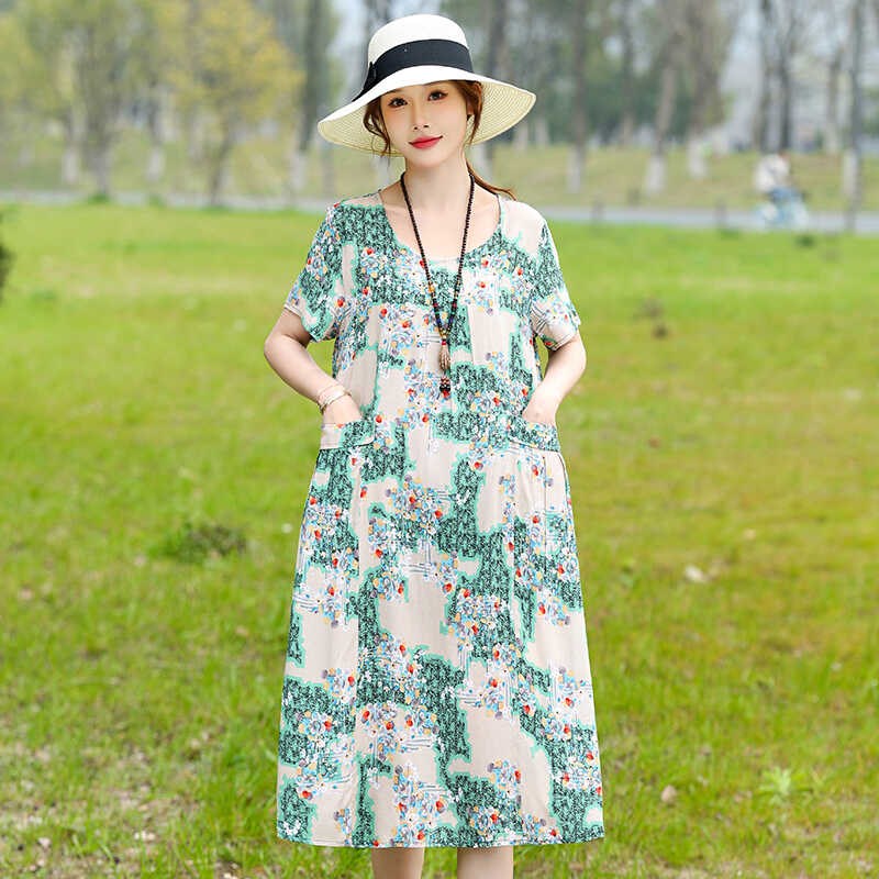 夏季新款中老年棉绸大码宽松裙妈妈女气质花色高级感中长款连衣裙