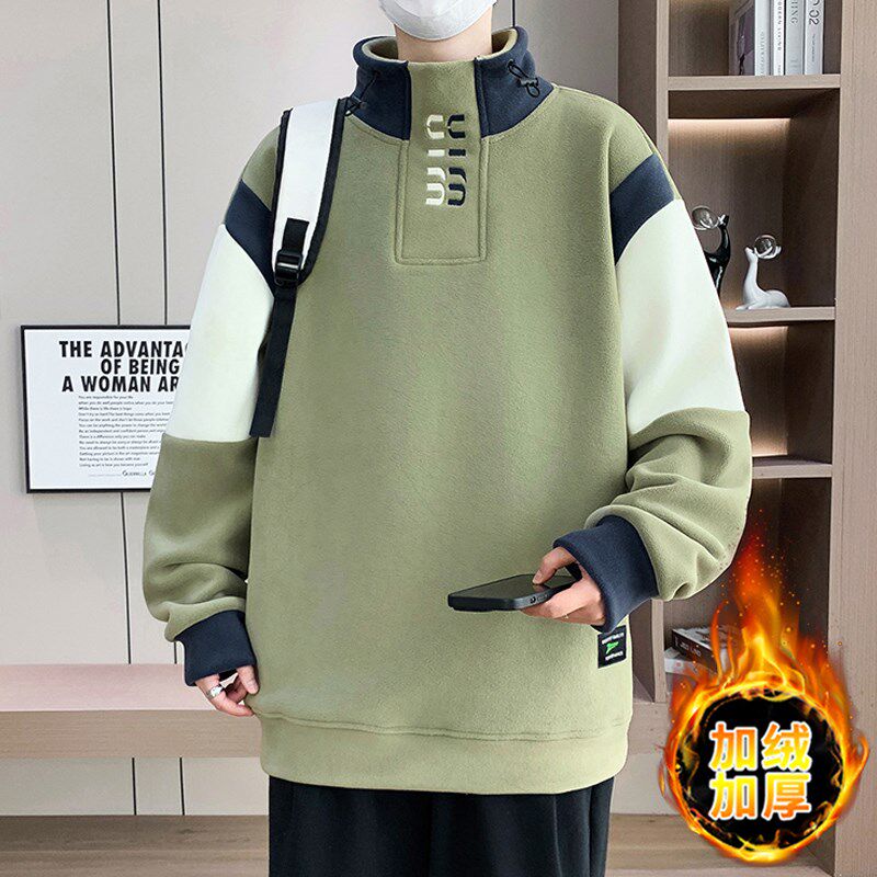 半高领加绒卫衣男孩中学生加厚青少年秋冬季新款男装大童打底衫潮