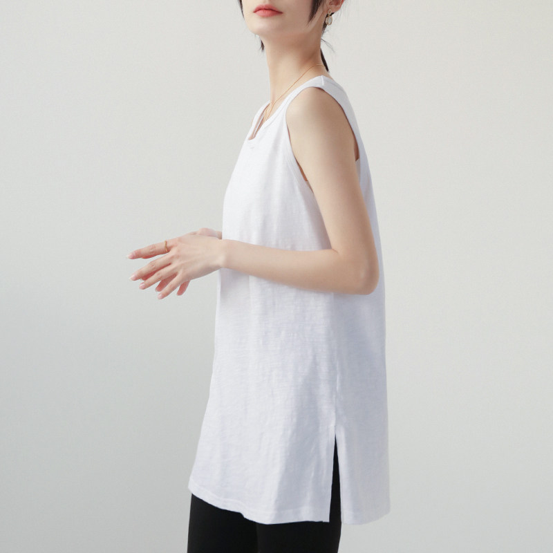 竹节棉开叉背心女纯棉白色卫衣内搭打底叠穿下摆屁帘遮臀宽松无袖