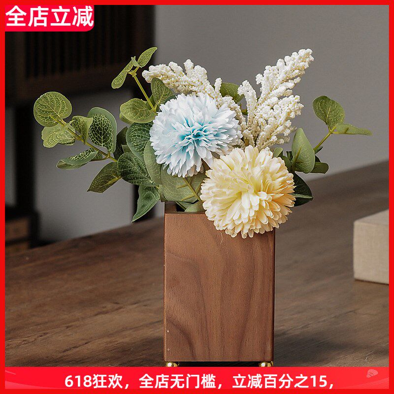 胡桃木小花瓶实木酒柜插花器摆件新中式装饰禅意民宿创意摄影道具