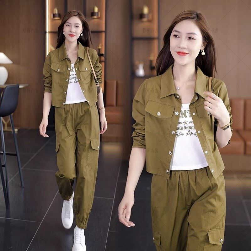 网红小个子工装套装女秋季新款洋气减龄短款夹克外套休闲两件套潮