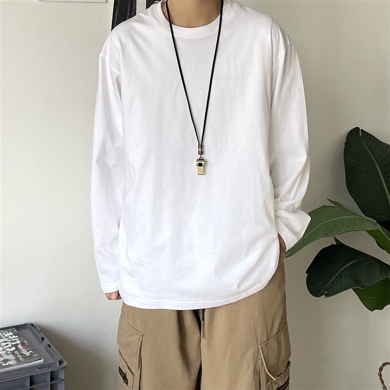 B东日系男装秋冬纯色长袖内搭圆领T恤套头慵懒风基础款打底衫男女