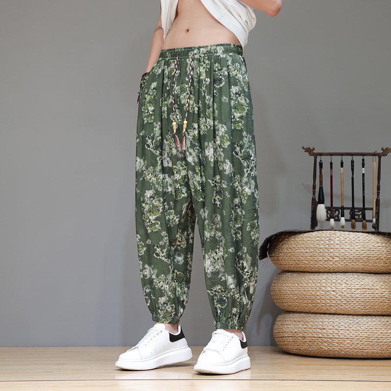 冰丝裤子男夏季薄款速干碎花沙滩裤束脚哈伦九分休闲裤阔腿灯笼裤