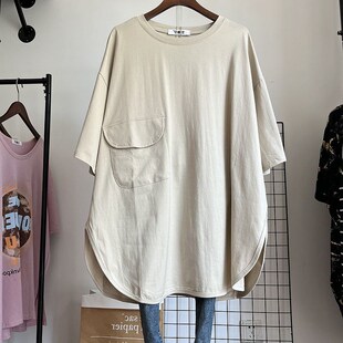 300斤大码慵懒风纯色短袖T恤女夏装胖mm中长款休闲宽松遮屁股上衣