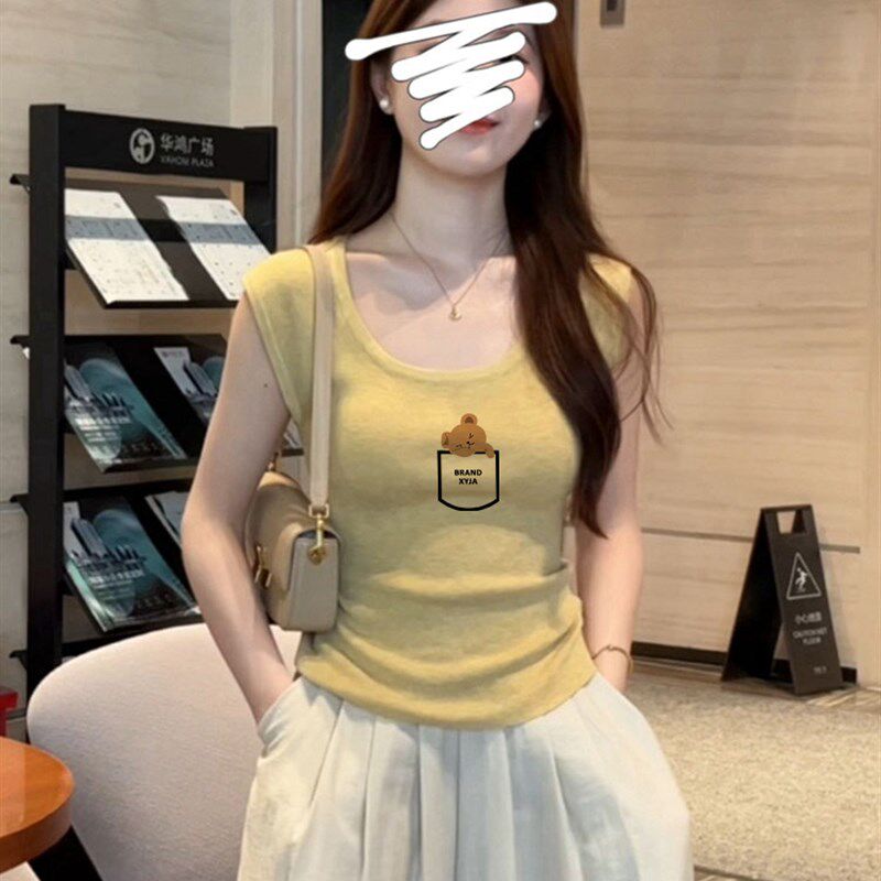 超好看小飞袖背心黄色设计感小众u领修身短款无袖坎肩t恤女生夏季