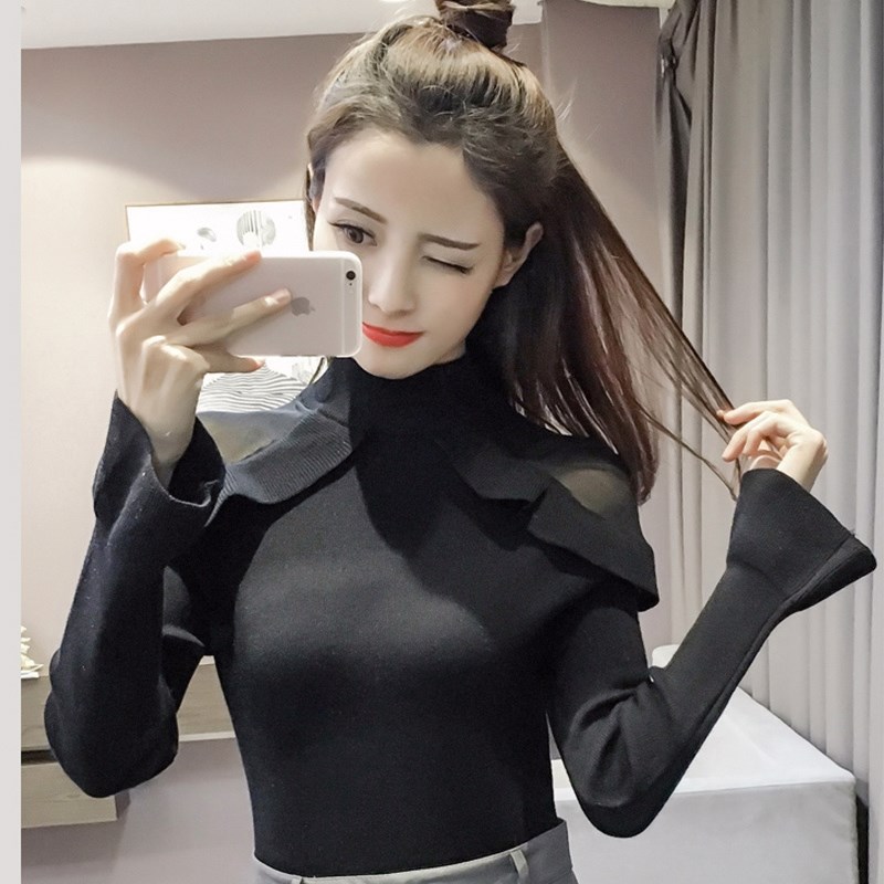 2025春秋女装修身喇叭袖针织衫显瘦荷叶边半高领毛衣女打底衫上衣