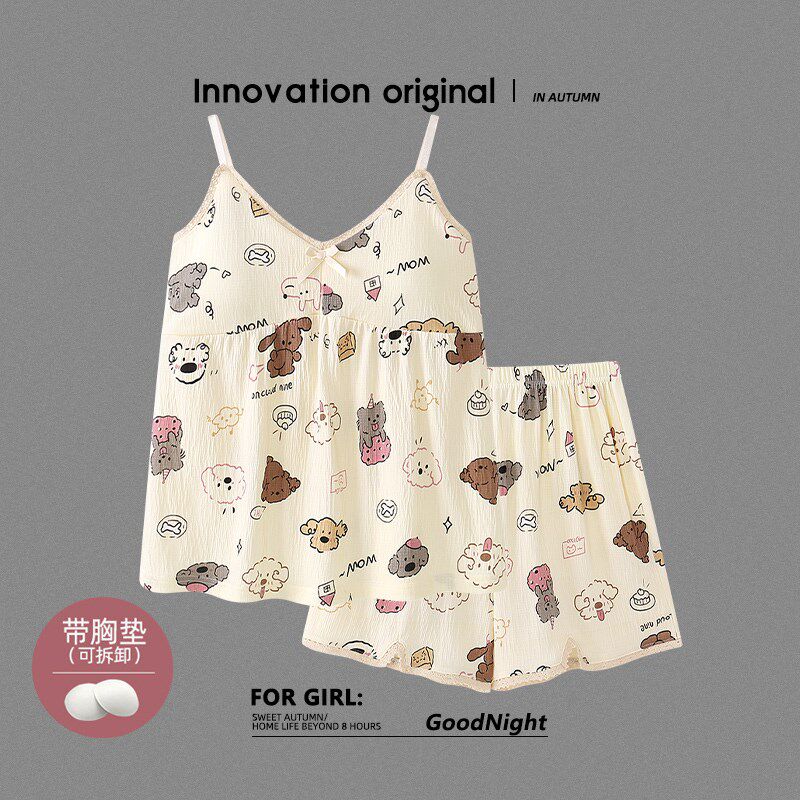 睡衣女夏天带胸垫纯棉p薄款宽松吊带短裤套装网红风可爱少女家居
