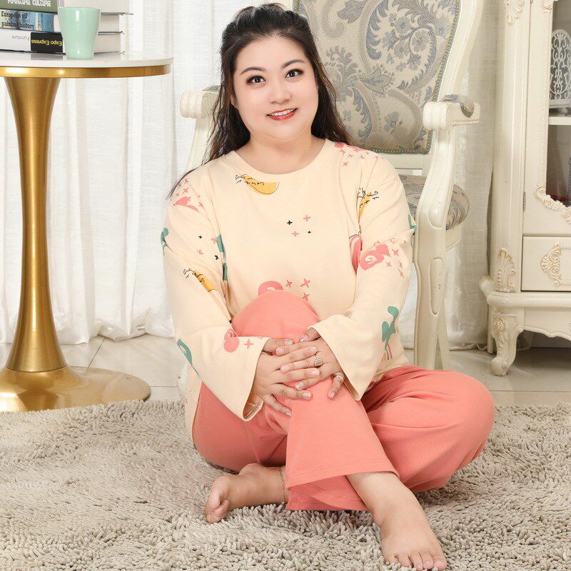 大码200斤春秋季女士睡衣纯棉长袖甜美加肥加大胖妹妹家居服套装