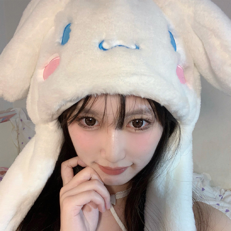 甜美可爱会动的耳朵帽子卡通玉桂狗秋冬保暖毛绒帽日系少女心头套