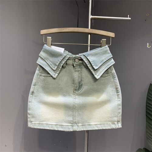 翻领高腰浅蓝色显瘦a字防走光半身裙女夏季辣妹风包臀牛仔短裙飒
