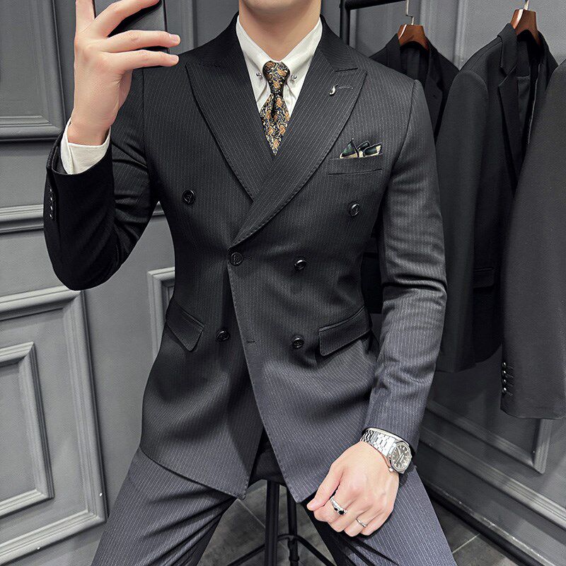 西装男士套装结婚双排扣英伦风戗驳领新郎订婚礼修身条纹正装西服