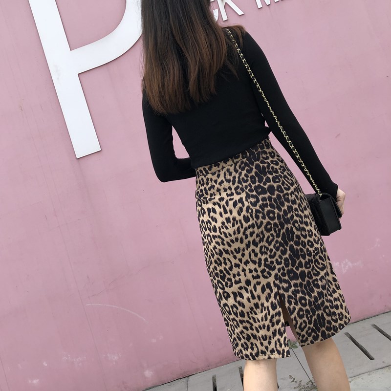 开叉豹纹包裙半身裙女2021新款春秋中长款高腰包臀裙一步裙子百搭