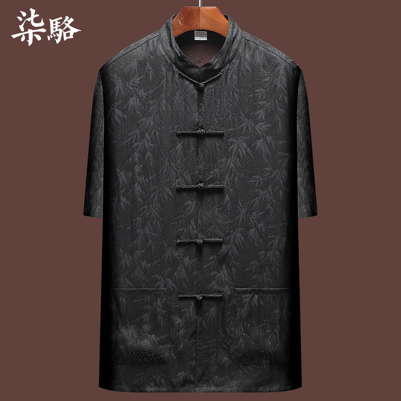 高端花萝香云纱唐装男士真丝短袖中老年人爸爸茶服夏装中国风男装
