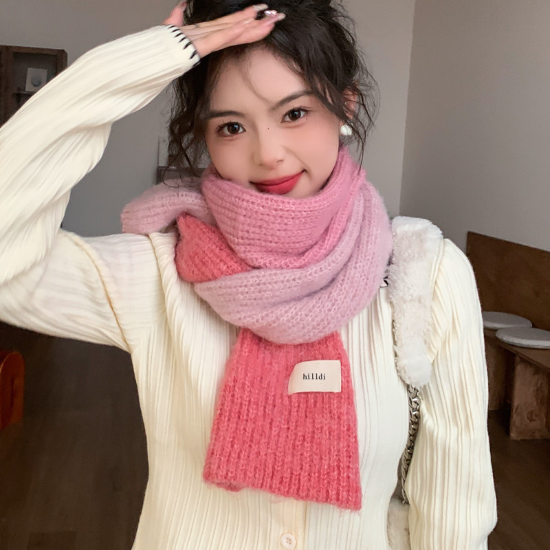 针织粗毛线粉色围巾女生秋冬季加厚可爱少女生日礼物短小围脖护颈