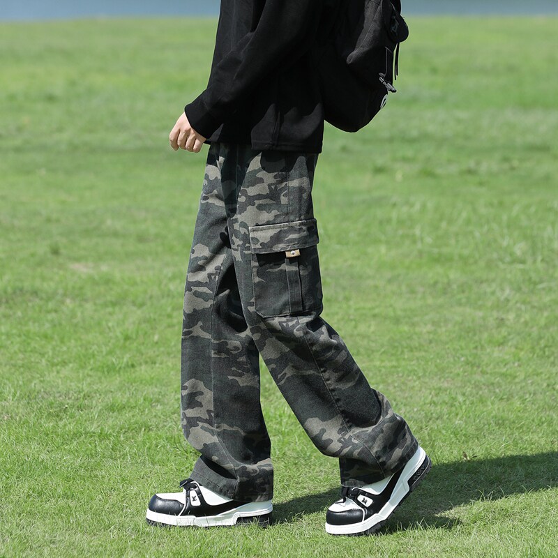 迷彩牛仔裤男秋季美式水洗hiphop高街潮宽松直筒休闲工装伐木裤子