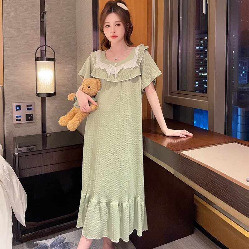 胖mm睡裙女夏天大码200斤甜美公主风睡衣学生绿色宽松家居服孕妇