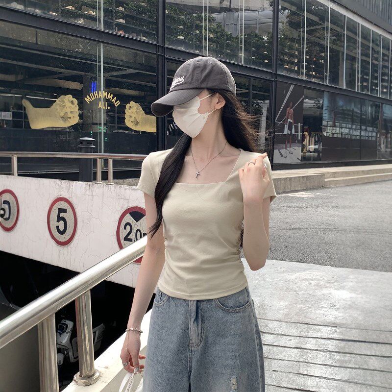夏季韩系双层方领修身褶皱设计感纯棉短袖T恤女小个子短款上衣服