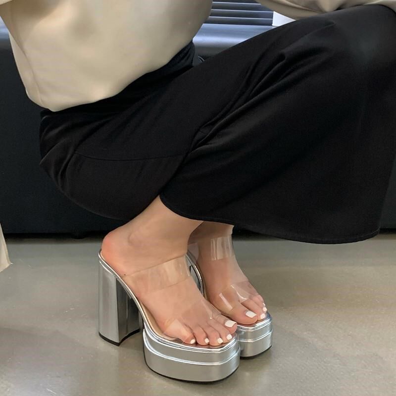 厚底凉拖鞋女透明粗跟防水台恨天高小个子12cm超高跟凉鞋模特走秀