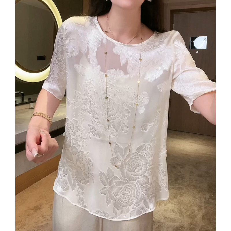 新中式真丝提花短袖T恤女夏季2025新款妈妈洋气国风盘扣宽松上衣