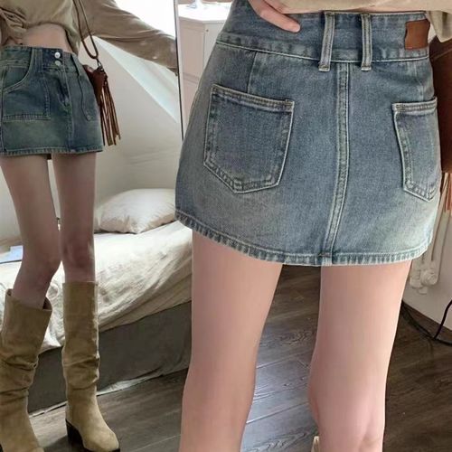 大码胖妹妹复古牛仔半身裙女夏季新款a字裙裤显瘦高腰包臀短裙子