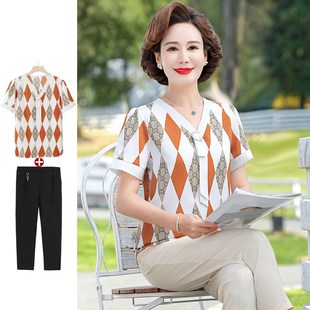 妈妈夏装 中老年女短袖 套装 小衫 T恤上衣 洋气40岁中年女士薄款 新款