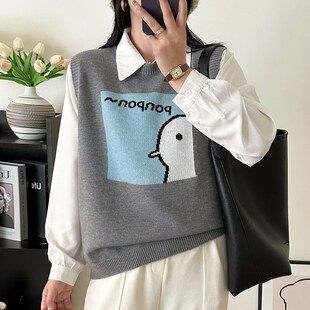 卡通针织马甲女秋季2024新款宽松小个子叠穿坎肩外搭背心百搭上衣