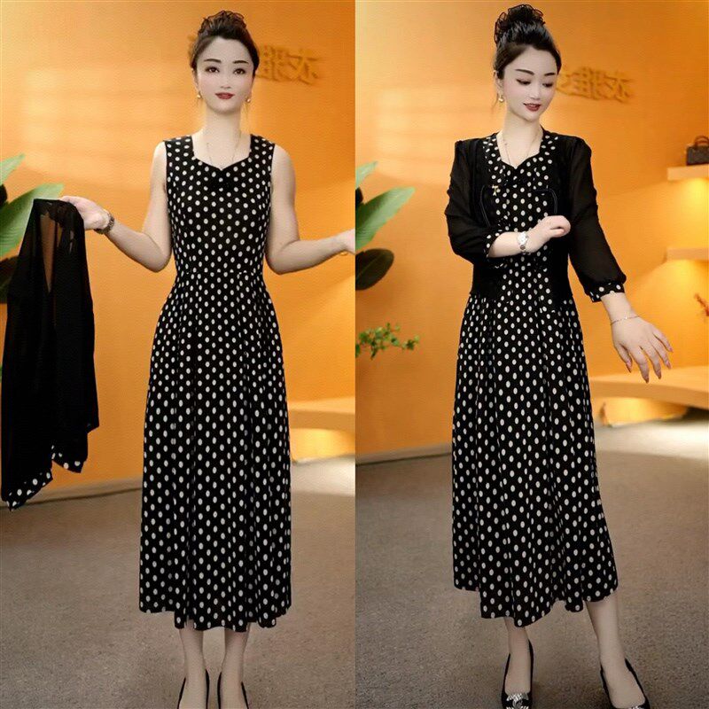 时尚波点连衣裙两件套女2025夏季新款洋气减龄一整套外搭套装裙子