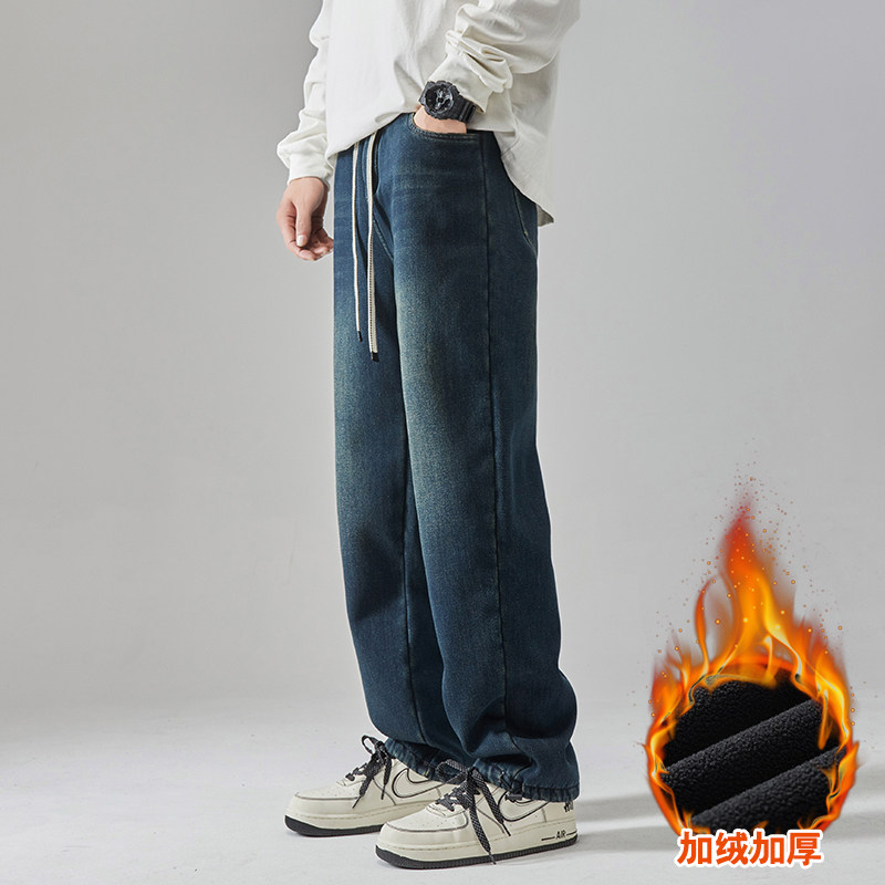 13青少年秋冬款加绒牛仔裤子男孩12岁初中学生15大童直筒休闲长裤