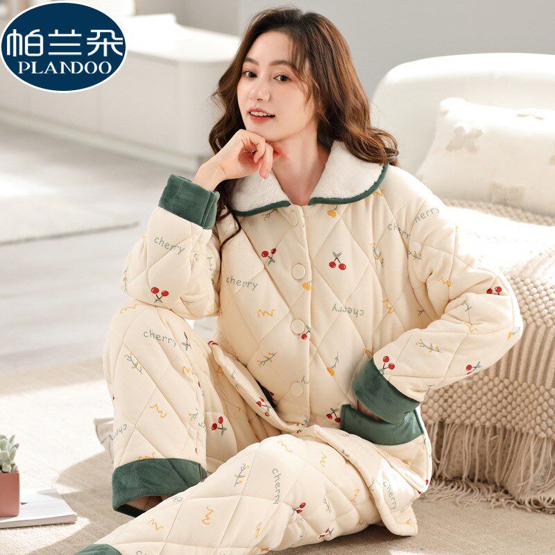 夹棉睡衣冬季女款2024新v款三层加厚纯棉秋冬天加绒休闲夹层家居