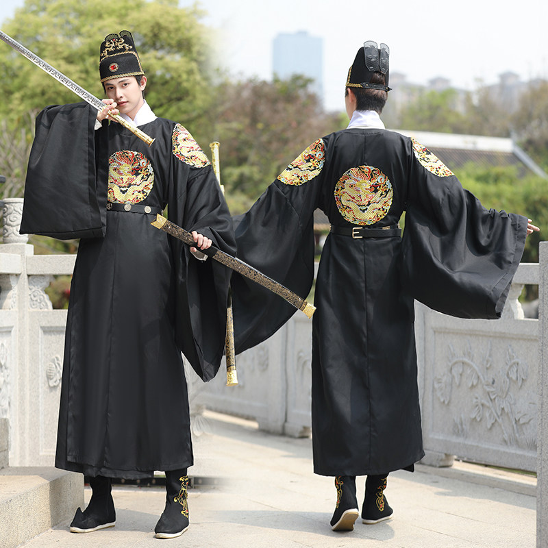 汉服男龙袍明制圆领袍黑色霸气皇帝服装四团龙重工绣花中国风古风