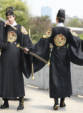 汉服男龙袍明制圆领袍黑色霸气皇帝服装四团龙重工绣花中国风古风