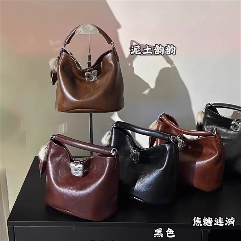 复古油蜡皮水桶包包女潮高级感真皮小众手提包单肩斜挎包手拎小包