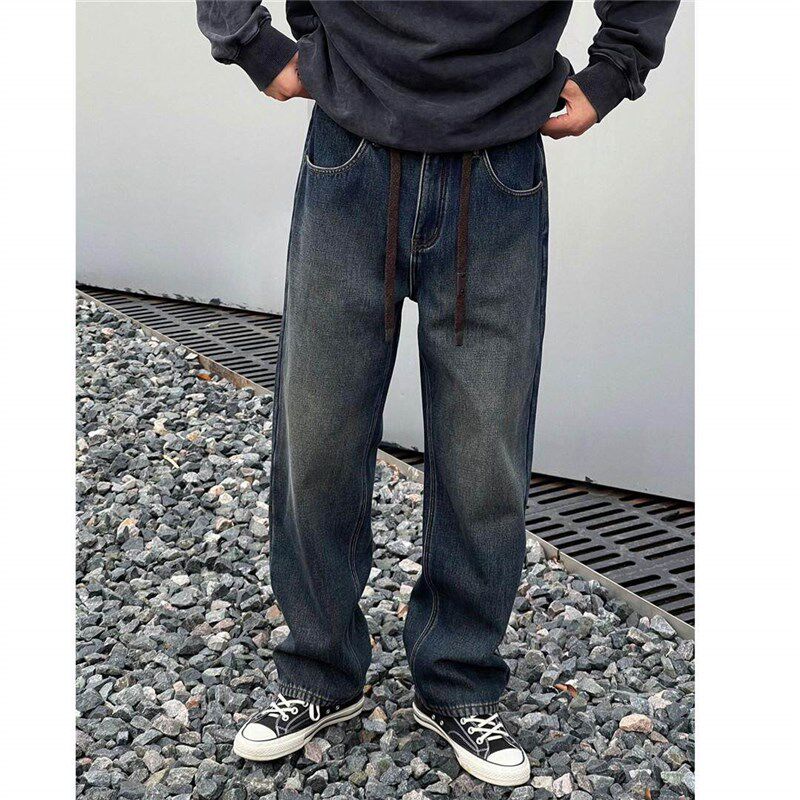 2024冬季松紧腰抽绳加厚加绒直筒牛仔裤男高品质潮流时尚百搭长裤