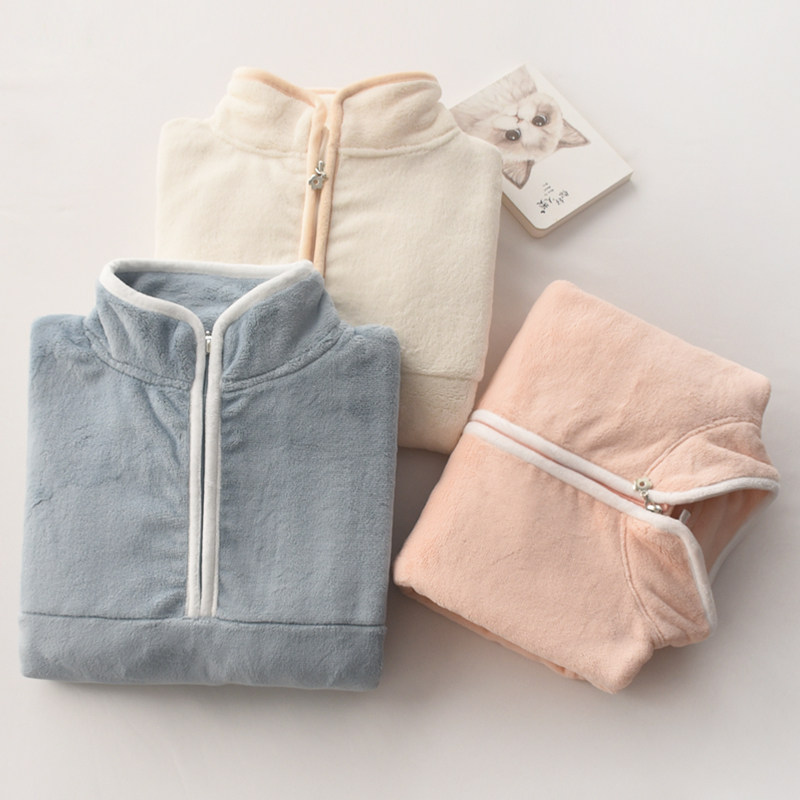 简约立领睡衣男女秋冬季法兰绒加厚保暖K加绒长袖情侣家居服套装