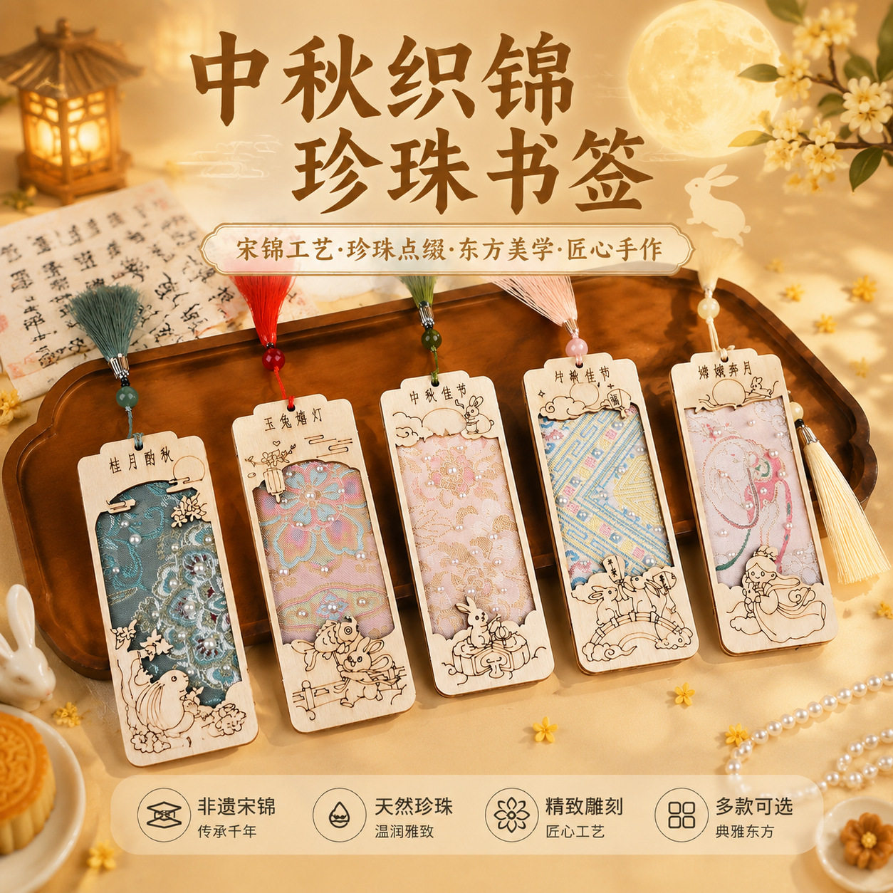 中秋节宋锦书签diy木质织锦珍珠粘贴画材料儿童手工暖场活动礼物