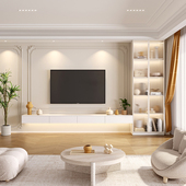 极简悬空电视机柜家用法式 奶油风背景墙柜实木定制收纳一体储物柜
