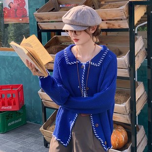 花吉B842宝蓝色手缝线翻领针织开衫女2025年新款秋宽松针织衫毛衣