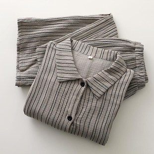 燕尾睡衣女水洗纯棉纱布薄款开衫8分蝙蝠袖防晒衬衫条纹家居服薄