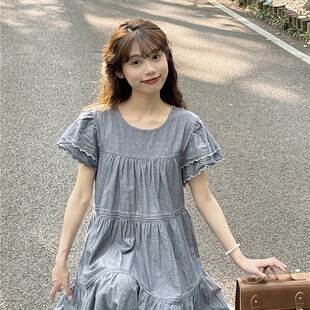 夏季森系文艺气质复古蓝灰色连衣裙温柔木耳边高腰显瘦蛋糕裙长裙