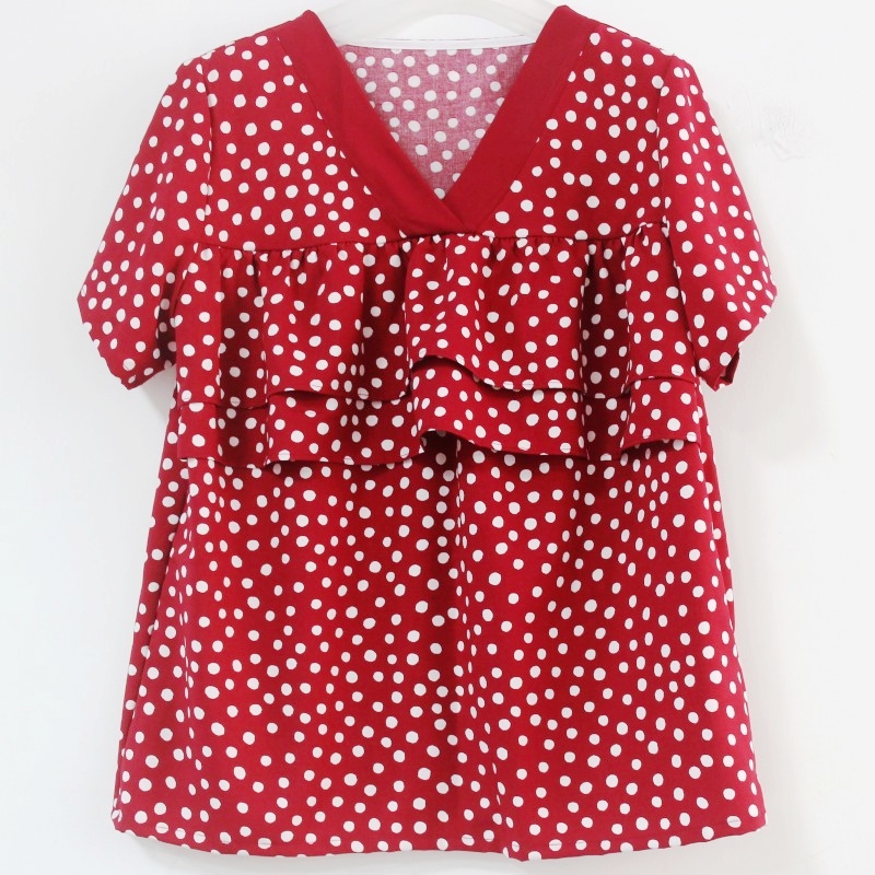 拼色棉绸上衣夏季V领遮胸双层胸前荷叶边绵绸睡衣防凸点家居服女