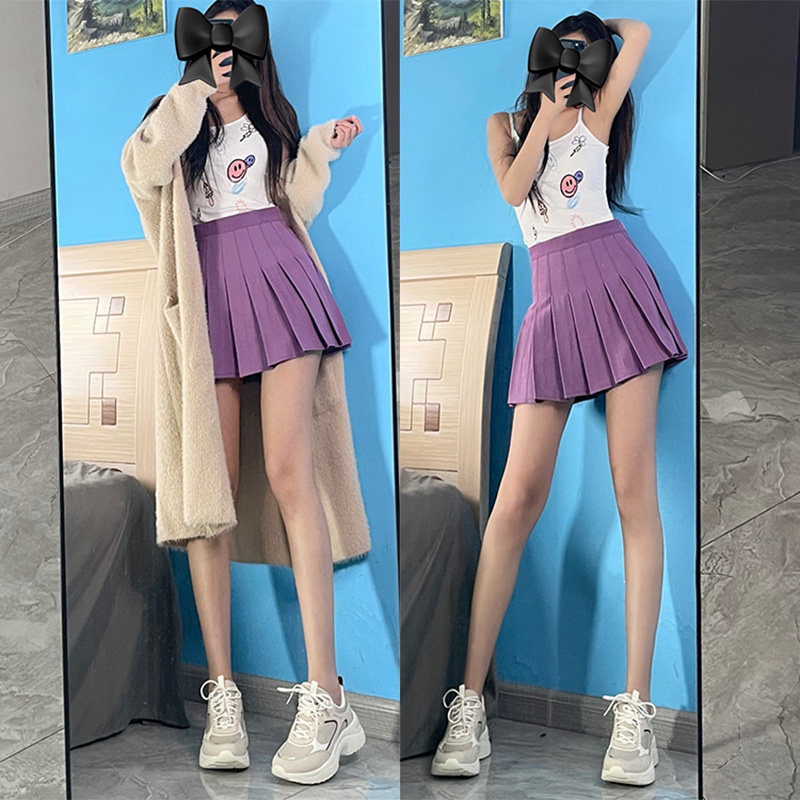 紫色百褶裙女春夏短款高腰a字显瘦百搭小个子短裙西装面料半身裙